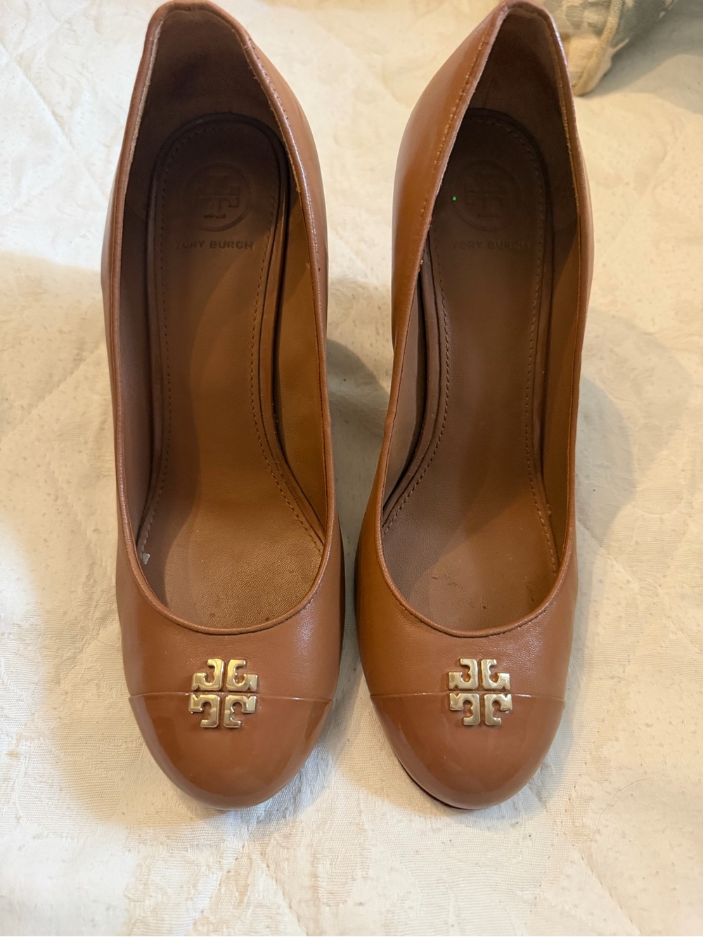 Tory Burch Tan Leather Heels with Gold Logo Accent